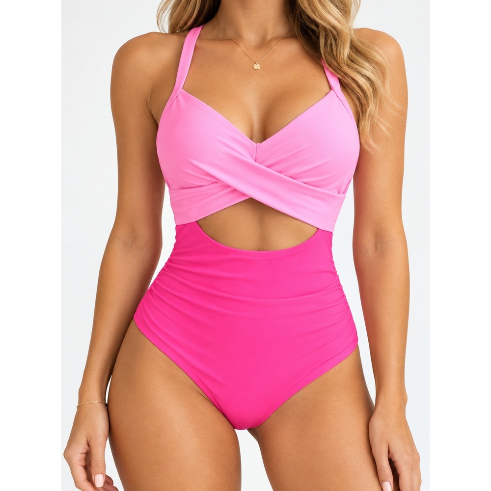 Eomenie Pink Colorblock One Piece Swimsuit Ruched Tummy Control Cutout Monokini